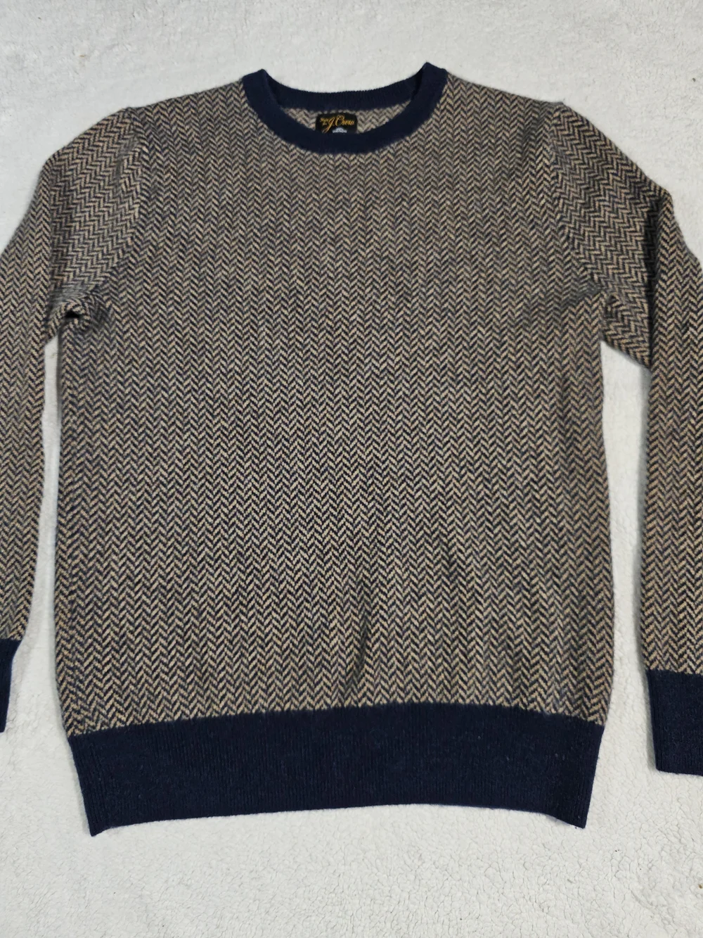 J Crew 100% Cashmere Herringbone Jacquard Crewneck Sweater in Tan & Blue Size S.